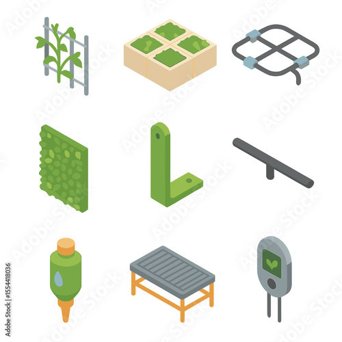 Green Wall Icon Set. Isometric Flat icon set of vertical green wall installations: climbing vine trellis, modular planter box,