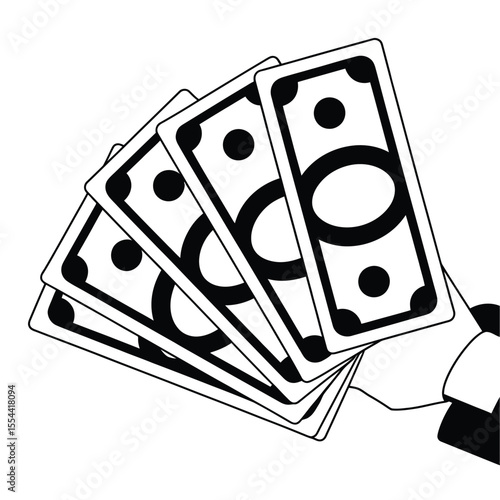 Hand holding a fan of black and white stylized banknotes