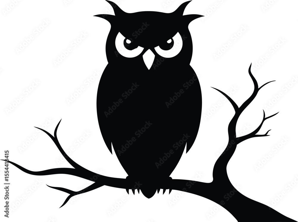 Fototapeta premium Halloween ominous owl sitting on a bare branch silhouette vector design