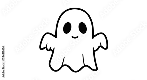 Vector Contour Line Drawing of Cute Cartoon Ghost Under a Sheet – Isolated Halloween Character for Kids and Party Designs