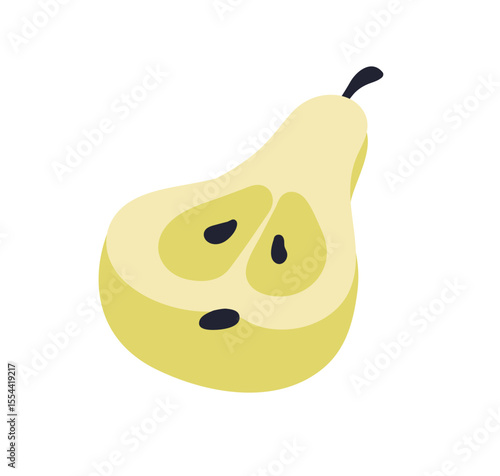 Pear, fruit half. Fresh ripe cross-section, cut piece with seeds, kernels. Sw...