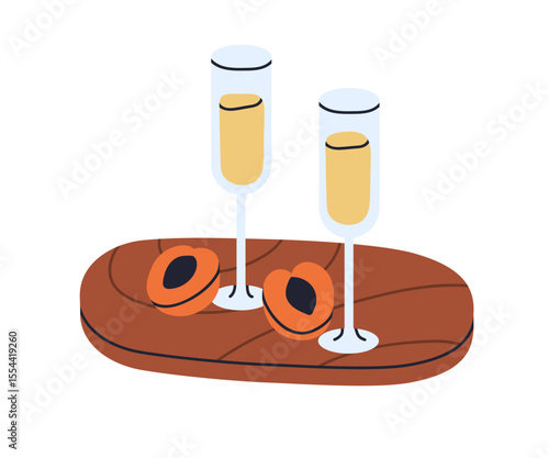 Champagne glasses and fruits served on wooden board. Romantic holiday dinner ...