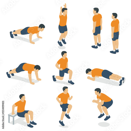 Group Workout Icons. Isometric Flat icon set of group workout exercises: push-up, squat jump, burpee, mountain climber, lunges,