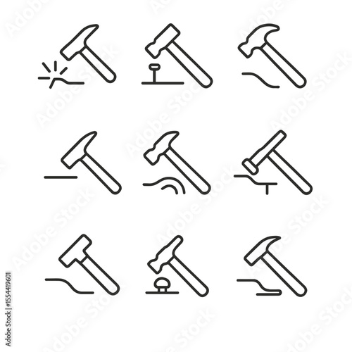 Hammer Techniques Icons. Outline icon set of hammer techniques: single strike, driving nail, removing nail, tapping, peening,