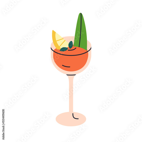 Cocktail, fruit drink in glass. Refreshing tropical beverage with tomato, lem...