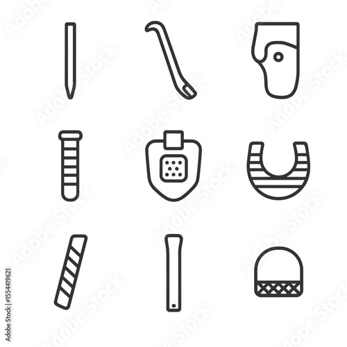 Hammer Tool Icon Set. Outline icon set of hammer accessories: nail set, nail puller, hammer holster, handle grip, striking face