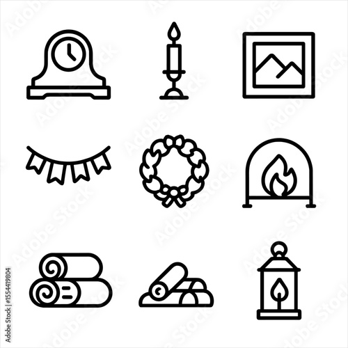 Hearth Decor Icons. Outline icon set of hearth decorations: mantel clock, candlestick, photo frame, vase, garland, wreath,