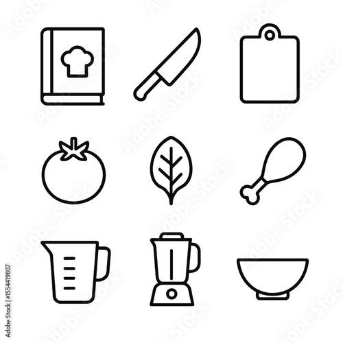 Healthy Recipe Icons. Outline icon set of healthy recipe customization: recipe book, chef knife, cutting board, tomato, spinach