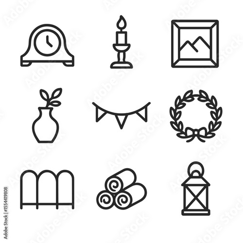 Hearth Decor Icons. Outline icon set of hearth decorations: mantel clock, candlestick, photo frame, vase, garland, wreath,
