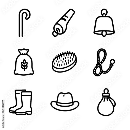 Herding Tools Icons. Outline icon set of herding tools and gear: herding crook, sheepdog whistle, weighted cowbell, feed sack,