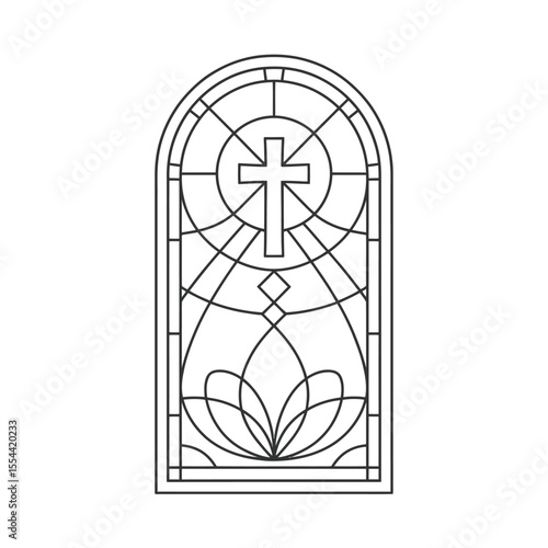 Elegant arched stained glass window design featuring a central cross motif