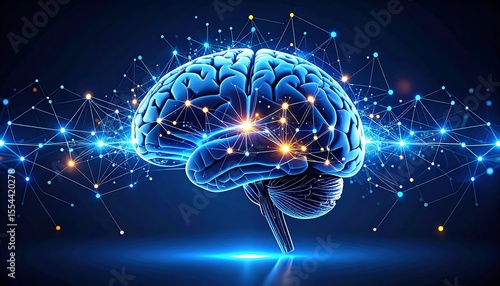 Stylized digital brain illuminated with neural network connections in a glowing, conceptual design.