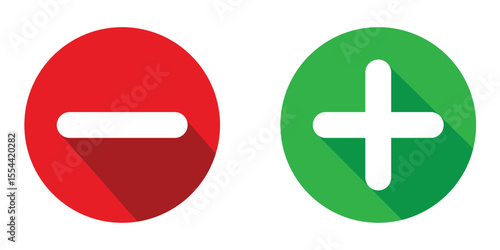 Minus and plus icons signs, flat round buttons. Positive and negative buttons. positive and negative symbol stickers. Plus and minus icon vector illustration.