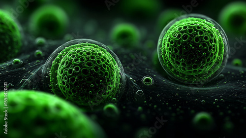 Close-up visualization of green plant cells under microscope  
