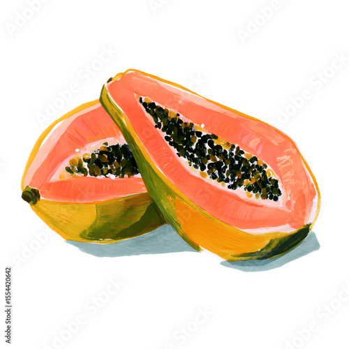 A vibrant gouache painting depicting a cross section of a ripe juicy papaya fruit with its distinctive green skin bright orange flesh and black seeds