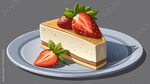 cheesecake, dessert, strawberries, mint, sweet, food, creamy, cake, slice, fresh, fruit, ceramic plate, artistic, texture, photorealistic, soft shadows, delicious, gourmet, restaurant, homemade, elega