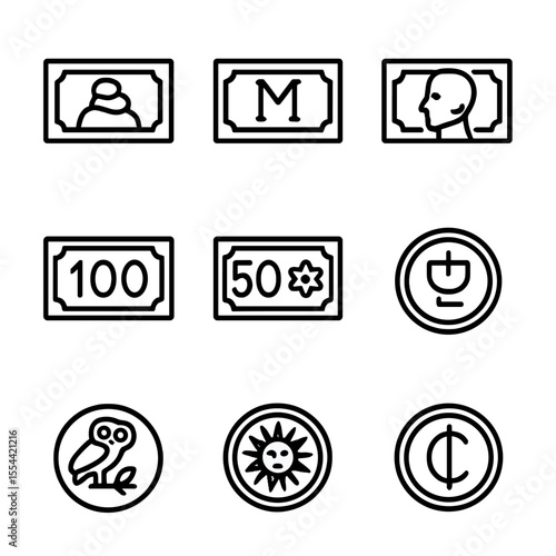 Hyperinflation Icon Set. Outline icon set of historical hyperinflation cases: Zimbabwe dollar note, Weimar Republic mark,