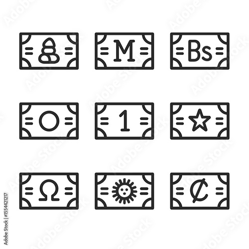 Hyperinflation Icon Set. Outline icon set of historical hyperinflation cases: Zimbabwe dollar note, Weimar Republic mark,
