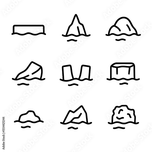 Iceberg Icon Set. Outline icon set of iceberg types: tabular iceberg, pinnacle iceberg, dome iceberg, wedge iceberg, drydock