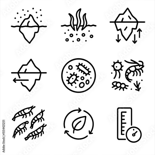 Iceberg Ecosystem Icons. Outline icon set of iceberg ecosystem features: phytoplankton bloom, algae patch, nutrient upwelling,