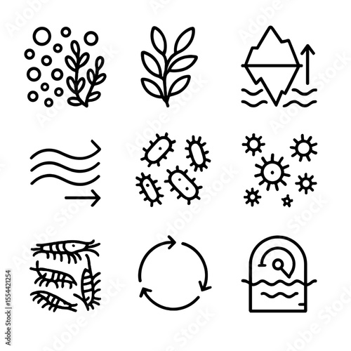 Iceberg Ecosystem Icons. Outline icon set of iceberg ecosystem features: phytoplankton bloom, algae patch, nutrient upwelling,
