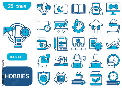 A set of 25 icons representing various hobbies and interests. Ideal for use in web design, apps, presentations, and other creative projects. 