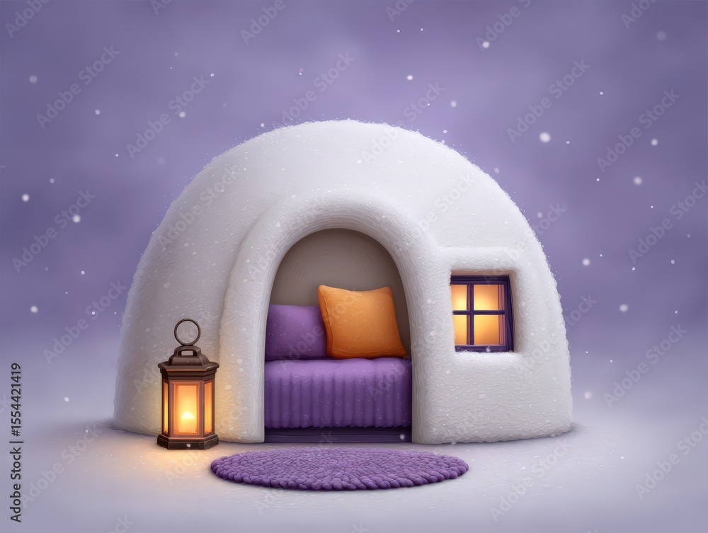 Cozy igloo structure with purple furnishings and a warm lantern creating a serene winter retreat atmosphere amidst gentle snowfall and soft lighting enhancing the magical ambience Cozy igloo structure with purple furnishings and a warm lantern creating a serene winter retreat atmosphere amidst gentle snowfall and soft lighting enhancing the magical ambience