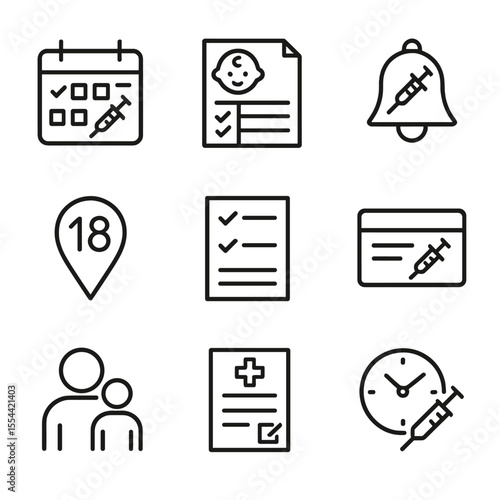 Immunization Essentials Icons. Outline icon set of Immunization Schedule Essentials: calendar with vaccine dates, pediatric