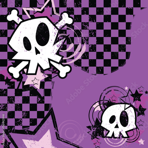 Skull purple banner on a checkered background. Crossbene skull with stars. Vector emo,punk background.