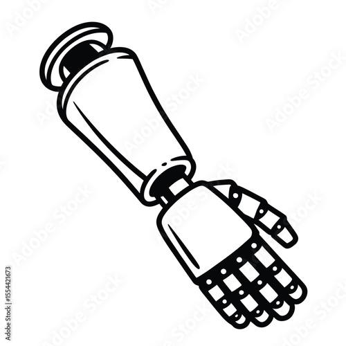 Stylized black and white illustration of a robotic arm with a detailed hand