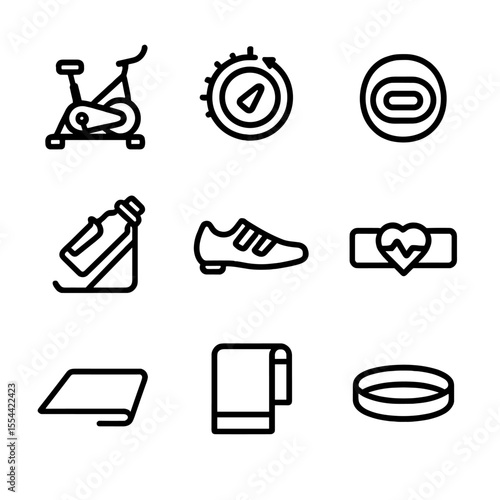 Indoor Cycling Icons. Outline icon set of indoor cycling equipment: stationary bike, resistance knob, cadence sensor, water bottle