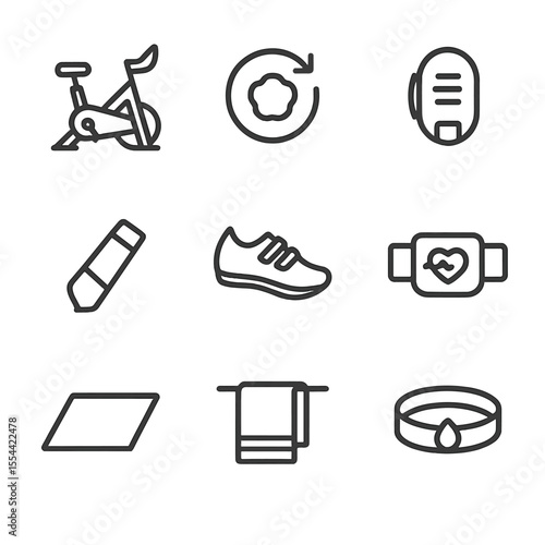 Indoor Cycling Icons. Outline icon set of indoor cycling equipment: stationary bike, resistance knob, cadence sensor, water bottle