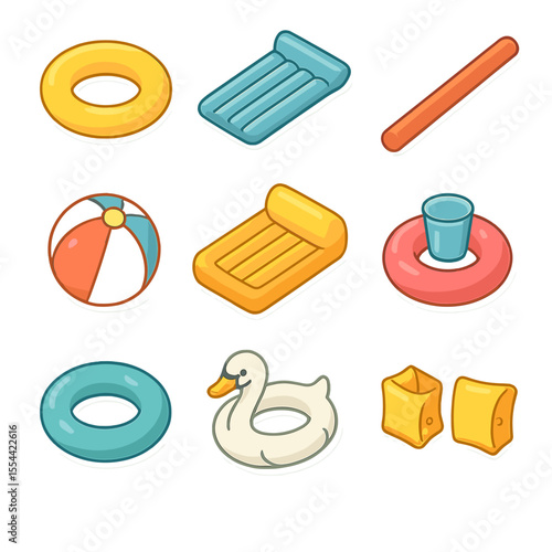 Inflatable Pool Icons. Isometric Flat icon set of Inflatable Pool Accessories: pool float ring, inflatable mattress, pool noodle,