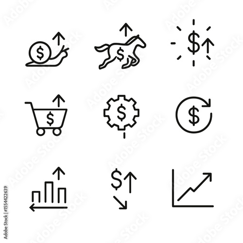 Inflation Types Icons. Outline icon set of types of inflation: creeping inflation, galloping inflation, hyperinflation,