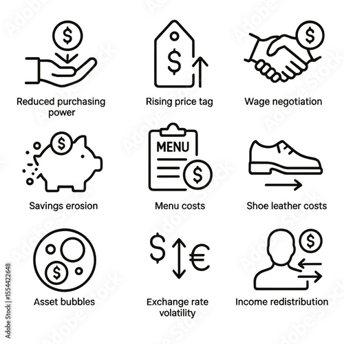 Inflation Effects Icons. Outline icon set of effects of inflation: reduced purchasing power, rising price tags, wage negotiation,