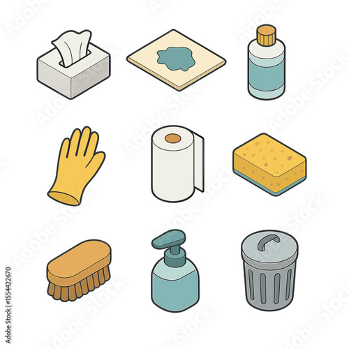 Ink Cleanup Tools. Isometric Flat icon set of ink cleanup tools: tissue paper, blotting paper, cleaning solution bottle, rubber
