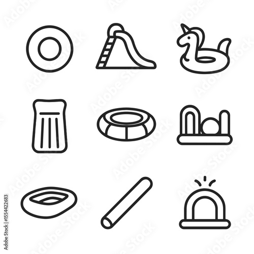 Inflatable Water Toys Icons. Outline icon set of inflatable water toys: inflatable ring, water slide, pool unicorn, floating