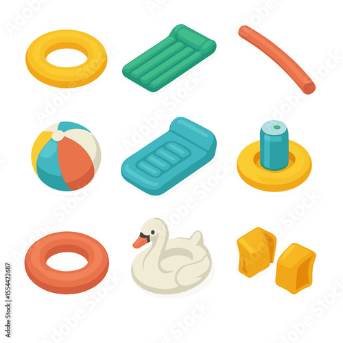 Inflatable Pool Icons. Isometric Flat icon set of Inflatable Pool Accessories: pool float ring, inflatable mattress, pool noodle,