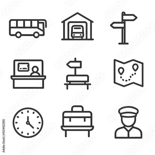 Intercity Shuttle Icons. Outline icon set of intercity shuttle transportation: coach bus, bus terminal, route signpost, ticket