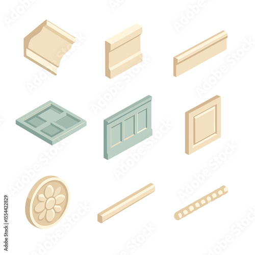 Interior Moldings Icons. Isometric Flat icon set of interior moldings: crown molding, baseboard, chair rail, picture rail,