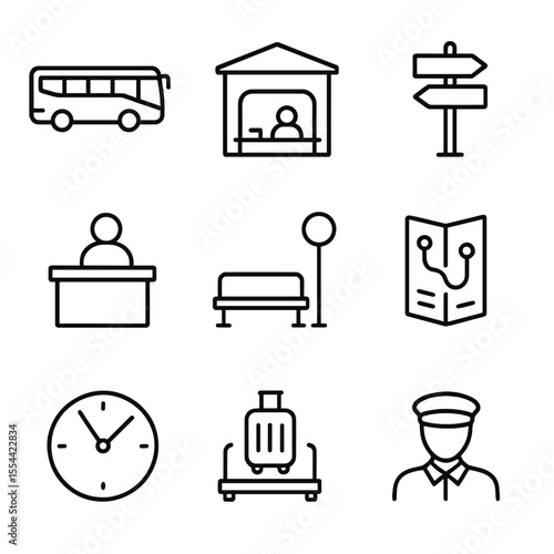 Intercity Shuttle Icons. Outline icon set of intercity shuttle transportation: coach bus, bus terminal, route signpost, ticket