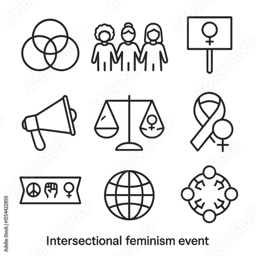 Intersectional Feminism Icons. Outline icon set of intersectional feminism events: layered venn diagram, diverse figures holding