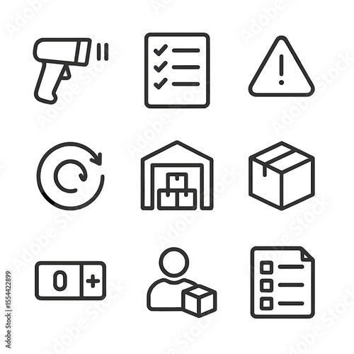 Inventory Icons Grid. Outline icon set of inventory management: barcode scanner, stock list, low stock alert, reorder button,