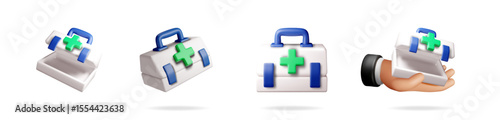 First aid kit box with green cross and a hand holding it. Medical health care and emergency treatment concept for web.