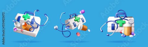 Three 3d plastic medicine chest illustration. First aid kit with stethoscope, pills. Concept of medical help. Health care.