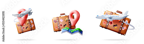Set of 3d vector illustrations of travel suitcase with destination pin and airplane. Vacation journey concept for trip planning for travel agency social media.