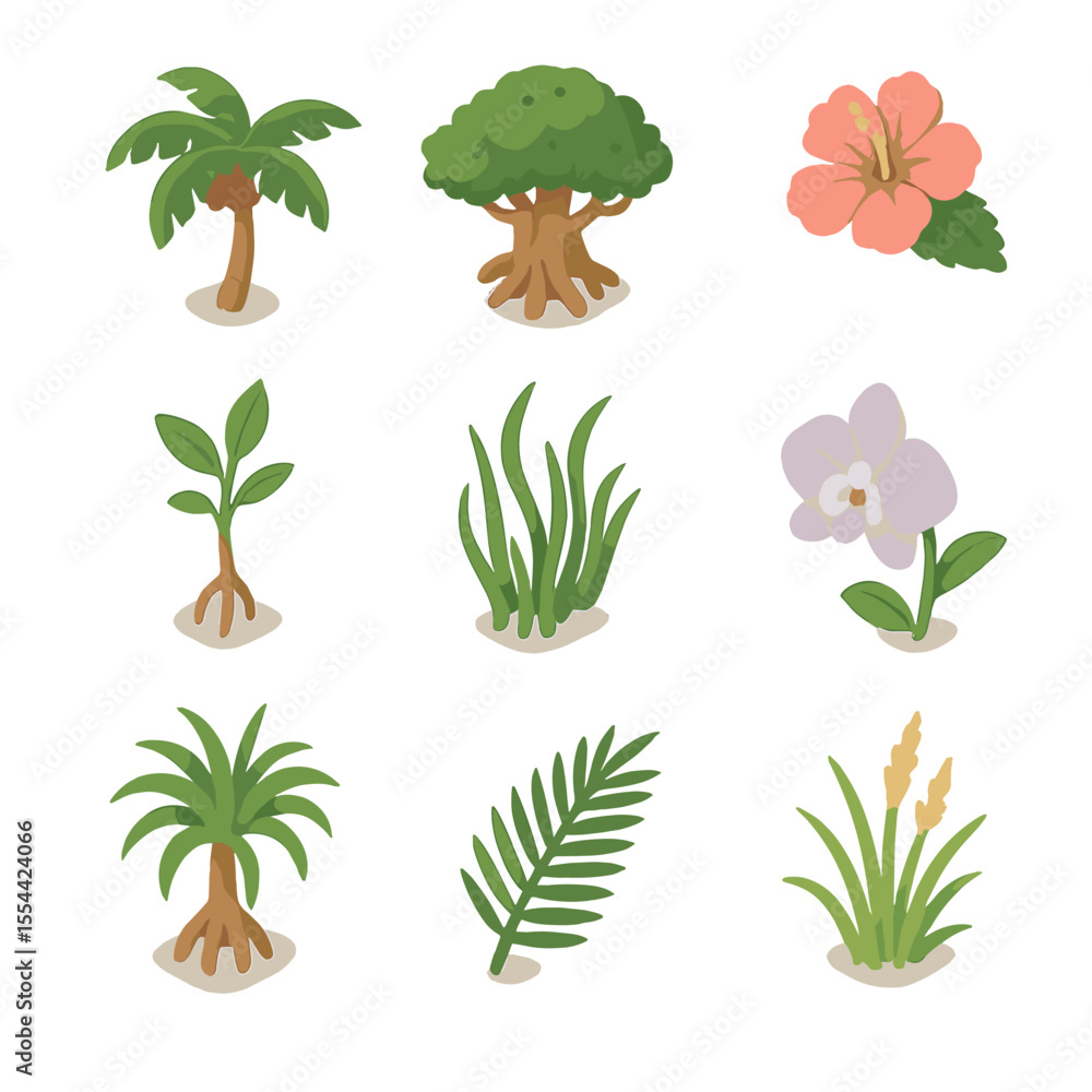 Fototapeta premium Island Flora Icons. Isometric Flat icon set of island flora: coconut palm, banyan tree, hibiscus flower, mangrove sapling, sea