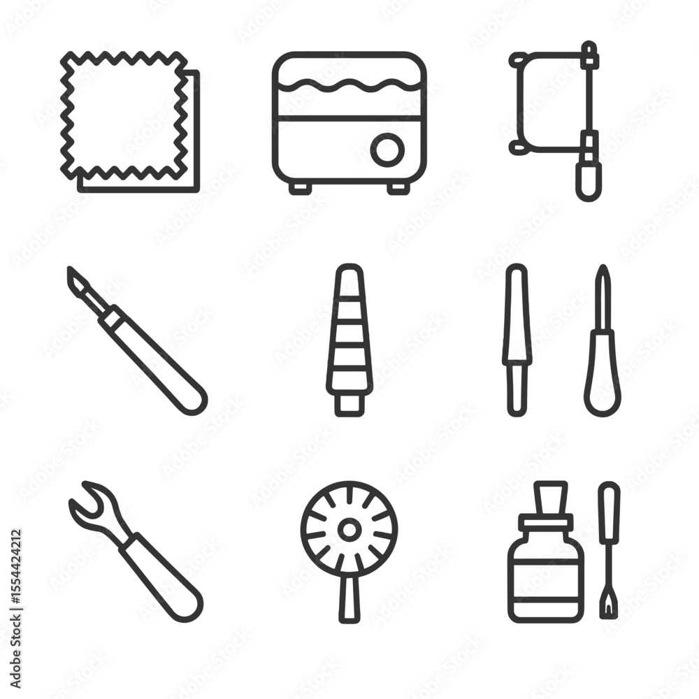Fototapeta premium Jewelry Restoration Icons. Outline icon set of Vintage Jewelry Restoration Tools: polishing cloth, ultrasonic cleaner, jeweler’s