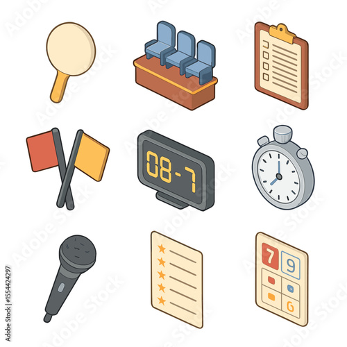Judging Icons Set. Isometric Flat icon set of competition judging elements: scoring paddle, judges’ stand, clipboard with score
