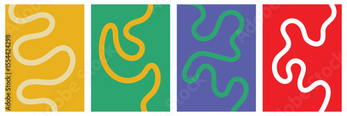 Set of color abstract banner with curvy line and motivational phrase. Background with scribble squiggle. Wave line art . Vector Illustration . 
